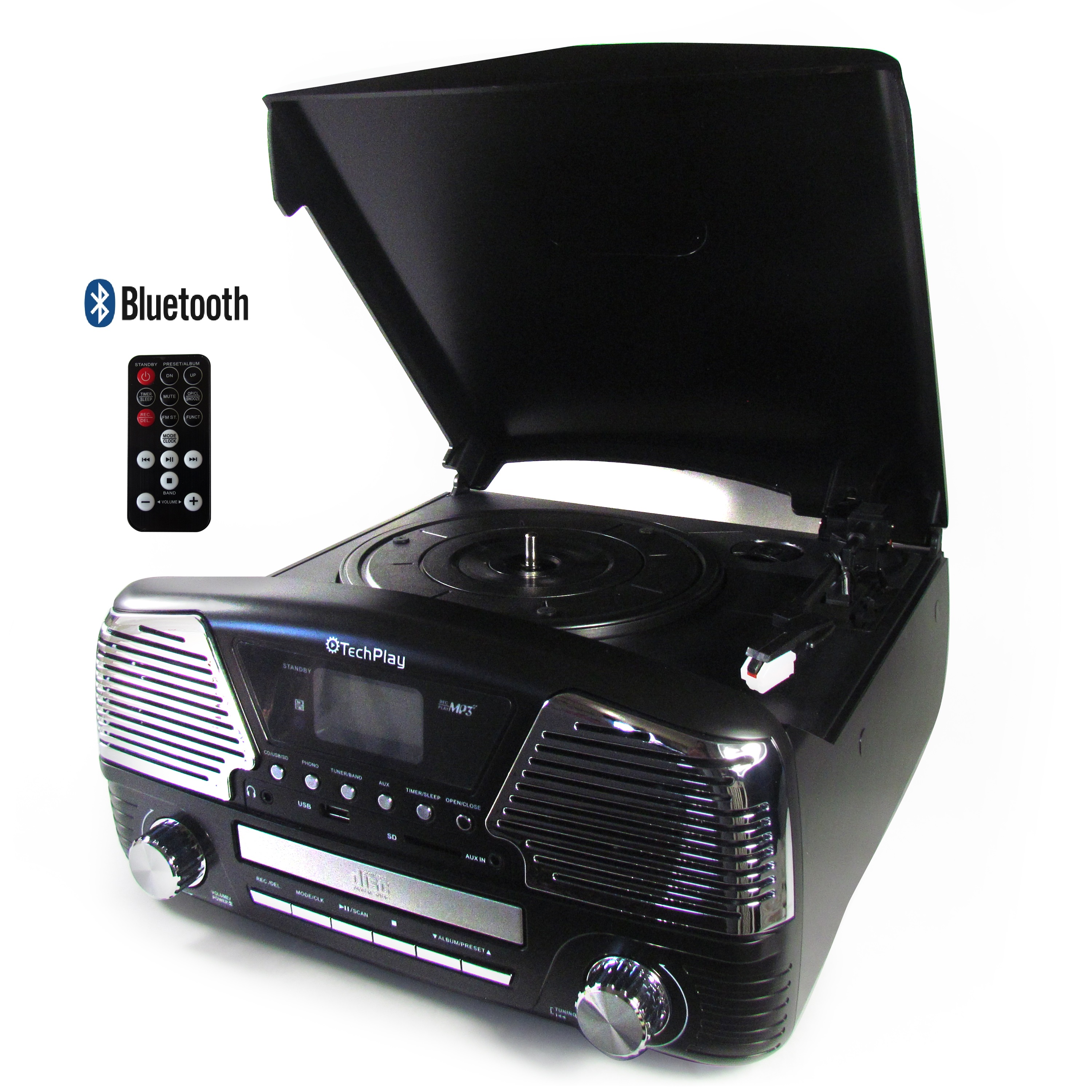 TechPlay ODC35BT Black 3 Speed Turntable W/Bluetooth, Programmab